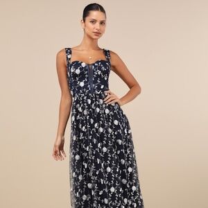 Lulus Gala Invite Navy Blue Embroidered Tulle Bustier Maxi Dress - Size S